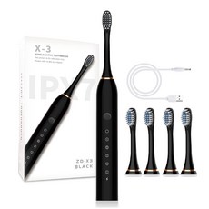 X-3 聲波電動牙刷 USB充電 便攜防水 情侶軟毛旅行牙刷套裝, 1個, 1, 黑色4刷頭