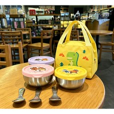 KOM角落生物316不鏽鋼矽膠蓋碗 幼兒園三色碗 附304兒童匙 加贈餐袋 (台灣製造), 1套, 套組, kom達克比矽膠密封蓋碗三入+kom恐龍餐袋