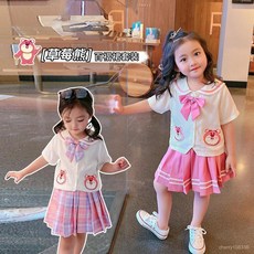 女童新款夏季學院風套裝 小女孩卡通短袖半身裙 洋氣學生JK服兩件套