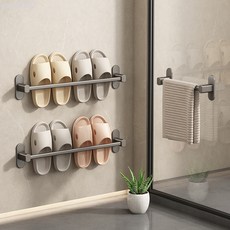 槍灰浴室拖鞋架免打孔衛生間置物架廁所壁掛式瀝水神器鞋子收納架, 黑色50cm雙人拖鞋架（免打孔）,拖鞋架, 1個