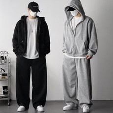 오프앤 남자 무지 오버핏 후드 집업 + 커브드 팬츠 셋업 트레이닝복 츄리닝 상하 세트