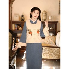 中式美學改良旗袍2025新款秋冬長袖加厚冬季保暖刺繡馬甲套裝可愛唐裝