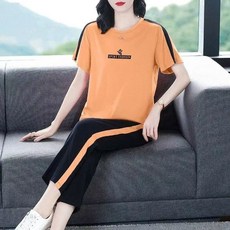 AREVI여성 신상품 여름 트레이닝복 세트 빅사이즈 루즈핏 패션 프린트 데일리 캐주얼 반팔 조거 팬츠 투피스