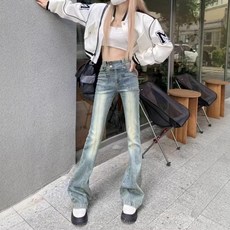 해피유통 여성 가을 데님 플레어 팬츠 빈티지 하이웨스트 청바지