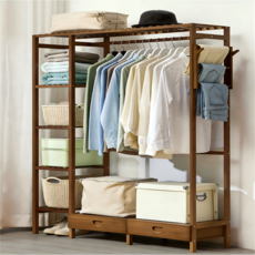 쿠리브 간편조립 스탠드 행거 옷걸이 원목색 대나무 드레스룸 시스템행거, 월넛 123*30*145cm