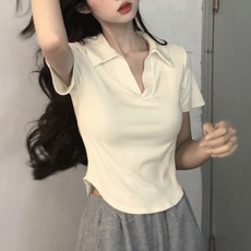 해외 수출용 단색 숏 기장 V넥 폴로 셔츠 여성용 반팔 티셔츠 봄/여름용 슬림핏 상의 이너웨어용 베이스 셔츠