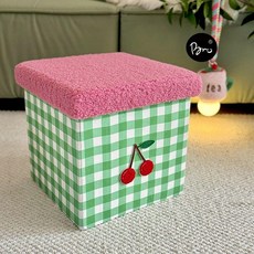 보관함 다용도 수납함 접이식 패브릭, 그린 체크 핑크 뚜껑 체리