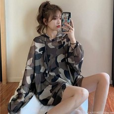 라오농 얇은 에어로쿨 카모플라쥬 지브라 긴팔 후드 풀오버 아이스 블라우스에 미디엄 롱탑+de01x, 미채, 1개