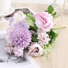 仿真花束 牡丹花 繡球花 乒乓菊 綜合花束 絹布 婚禮捧花 拍照道具, 1個, 紫色/束