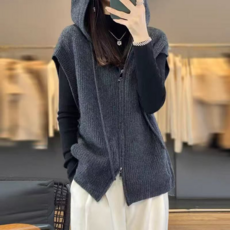 JIEVE 여성용 니트 조끼 후드 집업 가디건 캐주얼 슬리브리스 베스트 가을 겨울 패션 니트 후드 조끼 아우터 SG11497