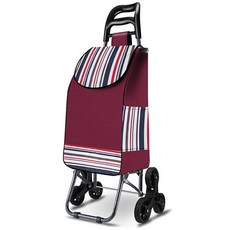계단오르는 세발 접이식 쇼핑 카트 시장 바구니, (고무휠)와인 스트라이프, 1개