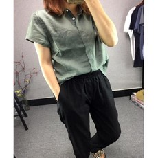 여성 린넨 무지 짧은 소매 여름 숏 무지 칼라 셔츠