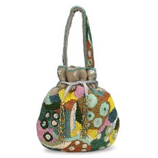 LONGING TO BUY 여성용 비즈 포틀리 백 멀티컬러 꽃무늬 자수 황마 드로스트링 핸드백 22.9x24.1cm(9x9.5인치)