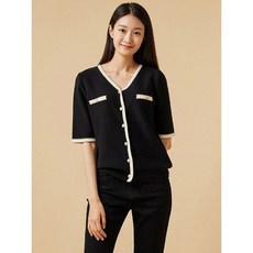 JAJU 블랙 여 배색 반팔 가디건 J112404001_P383726353 549468