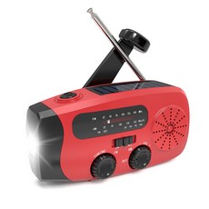 多功能手搖太陽能充電收音機 應急照明手電筒 AM/FM雙頻 輕巧便攜 USB充電, 紅色, MD-086