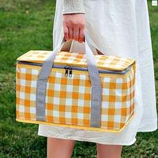 체크무늬 보냉백 손잡이 도시락가방 사각 야외 1개, 레드