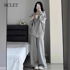 RCLET 여성 캐주얼 조깅 투피스 빅사이즈 오버핏 츄리닝 세트 후드집업 가디건 + 와이드 팬츠