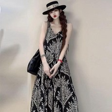 法式復古印花吊帶長裙 夏寬鬆慵懶氣質顯瘦大擺連衣裙, 黑色煙花樹  肩帶可調節,M 裙長125