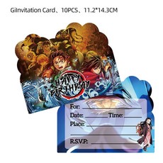 鬼滅之刃 新款鬼滅之刃主題兒童生日派對餐具一次性紙盤紙杯紙巾裝飾套裝, 邀請卡10個, 1個