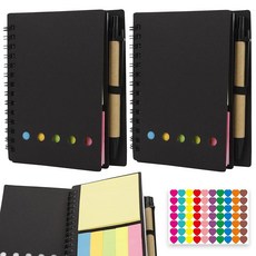 티거 스테노 패드 2팩과 스티커 메모 & 펜 - 학생/사무실용 휴대용 나선형 노트북 포켓 사이즈 내장 사각형 및 5색 탭 심장 모양 스티커 소가죽 색상, Black