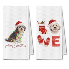 ChissNook Christmas Bichon Frise 강아지 주방 타월 Bichon 프리제 선물 주방용 접시 타월 휴일 겨울 메리 크리스마스 강아지 장식 핸드 타월, 하바네즈