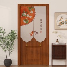 中式門簾 隔斷簾 免打孔掛簾 臥室 廚房 衛生間 萬事勝意 青花設計, 新中式富貴有餘 無紗款 ,寬70*高90cm 送魔術貼+伸縮杆, 新中式富貴有餘