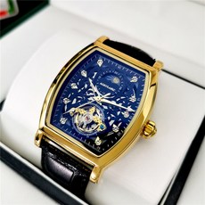 【時禮】自動機械表 酒桶型全藍寶石夜光防水蝴蝶扣真皮帶男士手表雙面鏤空非石英錶男表生日禮物商務手表休閒手錶生活防水