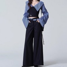 RCLET 여성 여름 긴팔 셔츠+와이드 팬츠 세트 투피스 세트 빈티지 캐주얼 세트 패션 세트