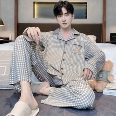 ORZQU 남성 여름 레저 얇은 잠옷 루즈핏 심플 긴팔 실내복
