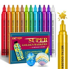 Betem 슈퍼 골든 메탈릭 페인트 마커 12가지 색상 펜 스크랩북 용품 2-3mm 미디엄 팁 글리터 블랙 종이 암석 페인팅 세라믹 목재 DIY 공예용 114854, 12 COLORS