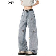 강아지 자수 포인트 워싱 데님 팬츠 루즈핏 캐주얼 스트릿 바지 유니크 디자인