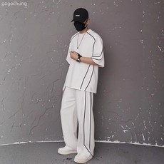 夏季新款撞色邊線設計感運動風日常穿搭兩件套簡約短袖長褲套裝男