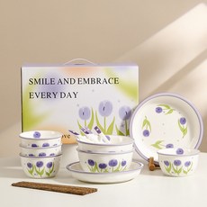 陶瓷餐具禮盒 鬱金香飯碗碗碟盤套裝 高顏值陶瓷餐具, 1個, 鬱金香四人食套裝