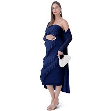 SUNNYBUY 우아한 2피스 임산부 드레스 메시 가디건 스트랩리스 러플 맥시 가운 칵테일 드레스 베이비 샤워용 네이비 XL