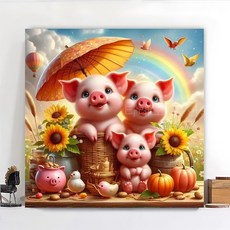 귀여운 동물 DIY 보석십자수 캔버스형 세트원형비즈십자수 DIY키트 50x50cm 3D 대형 재물 선물용 객실 풍수 인테리어, 돼지 가족 해바라기, 1개