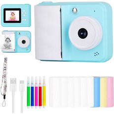 어린이용 즉석 인쇄 카메라 휴대용 엔터테인먼트 디지털 48메가픽셀 렌즈와 걸이 끈 포함 1080P 영상 녹화 게임음악 및 재생 파랑, Blue-S7, 1개