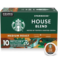 Starbucks K-Cup 커피 포드 미디엄 로스트 핫 또는 아이스 커피 하우스 블렌드 큐리그 포드 10개, 10 Count (Pack of 1), 1개