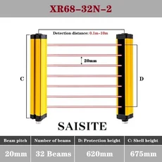 안전 라이트 커튼 16/18/20/22/24/26..58빔-10mm/20mm/40mm 해상도 SAISITE 확장형 보안 그레이팅 맞춤형, 02 PNP output, 02 3.5m scan rang, 18 20mm - 32beams