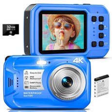 64MP 4K 수중 카메라 IPS HD 스크린 및 16X 디지털 줌 4.9m(16피트) 방수 플로팅 가능 자동 초점 32GB 카드 다이빙 서핑 래프팅 포함, Light Blue