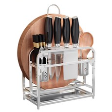 304不鏽鋼多功能刀具砧板架 (含接水盤/雙筷筒), 1組, SWD109 不鏽鋼原色