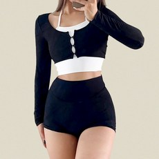 클래시 탑 가디건 - 4컬러 페이크 일체형 레이어드 홀터넥 브라탑 크롭 긴팔티 패드내장 데일리 헬스 필라테스 요가 비치웨어 수영복 골프웨어