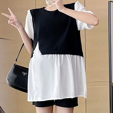 MOSAIRATION 임부복 세트 배색 레이어드 반팔 블라우스 복대 반바지