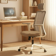 첼리스 벨런스 메쉬 편한 사무용 사무실 학생 공부 책상 컴퓨터의자 헤드레스트, 화이트+베이지