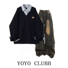 大碼女裝春季套裝女2025新款拼接假兩件衛衣顯瘦百搭牛仔褲兩件套