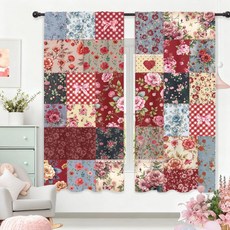 Riyidecor Boho 핑크 플로럴 커튼 섀비 시크 패치워크 빈티지 플라워 귀여운 보헤미안 식물 레트로 팜하우스 로드 포켓 여성 침실 거실 트리트먼트 원단 2 패널 106.