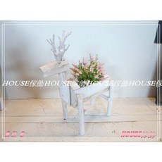 House傢飾 木製麋鹿造型花器 復古鄉村風洗白樹幹花架, 1個