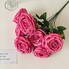 臺灣出貨 仿真7頭皇妃玫瑰假花束 客廳桌面DIY插花 婚房裝飾 手捧花 花卉攝影道具, 玫紅色, 1個