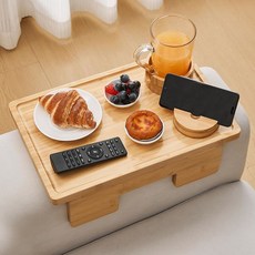 GEHE 아카시아 우드 소파 팔걸이 테이블 15 4 x9 8 360 회전 휴대폰 홀더가 있는 탈착식 컵 홀더 1개 중 3개 간식 제어용 트레이 클립, Bamboo