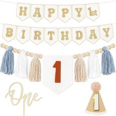 THAWAY 첫 번째 생일 장식 남아 남아 및 여아용 첫 생일 축하 배너 포함 유아용 의자 배너 1개 모자 및 나무 케이크 토퍼 만 1세 파티 장식용, THAWAY 첫 번째 생일 장식 남아, 남아 및 여아용