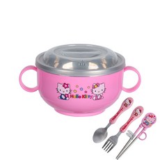 兒童防摔碗 食品級不銹鋼雙耳隔熱碗 寶寶學吃飯輔食碗, 1個, 凱蒂貓（粉色）---1,+百潔布